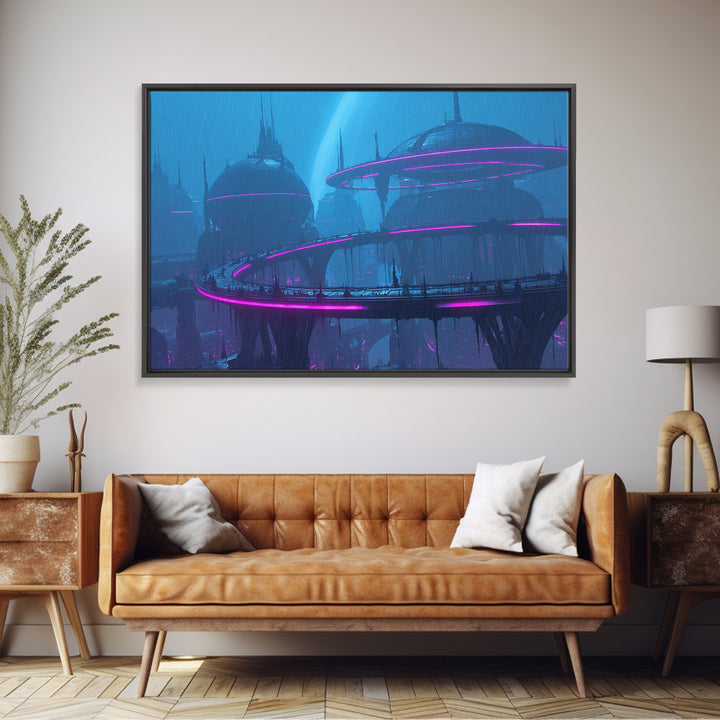 Orbital City Ring Around a Blue Planet Canvas Print, Futuristic Art, Modern Wall Decor, Living Room Decor, Fine Art, Future, FUT-3x2-38