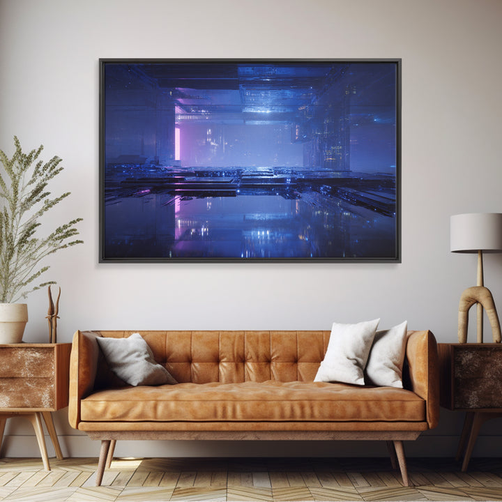 White and Blue Utopian Megastructure Framed Canvas Print, Futuristic Art, Mid Century Modern, Living Room Decor, Oil Painting, FUT-3x2-40
