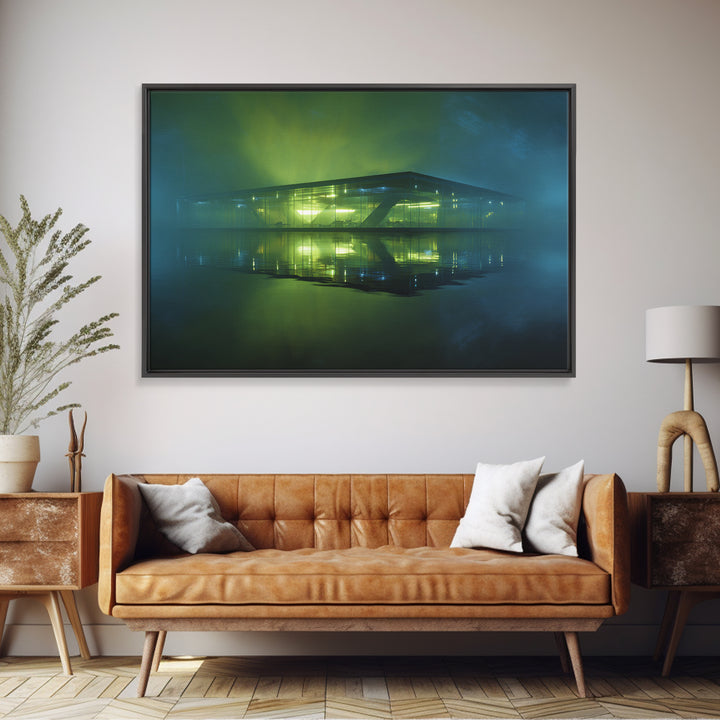 Floating Glass Architecture Above Reflective Water Canvas Print, Futuristic Art, Luxury Decor, Living Room Decor, Future, FUT-3x2-55