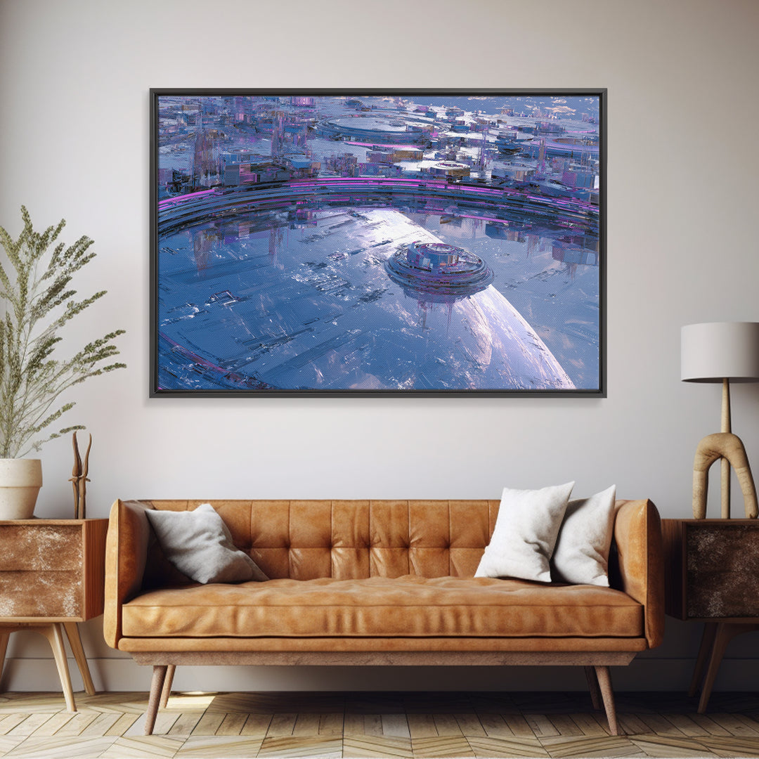 Orbital City Ring Around a Blue Planet Canvas Print, Futuristic Art, Modern Wall Decor, Living Room Decor, Fine Art, Future, FUT-3x2-62