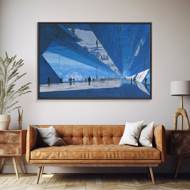 White and Blue Utopian Megastructure Framed Canvas Print, Futuristic Art, Landscape Art, Living Room Decor, Abstract Art, FUT-3x2-64