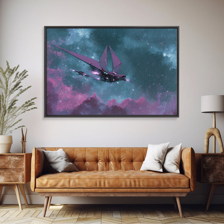 Solar Sail Ship Crossing Star Filled Space Framed Canvas Print, Futuristic Art, Digital Art, Living Room Decor, Future, FUT-3x2-69