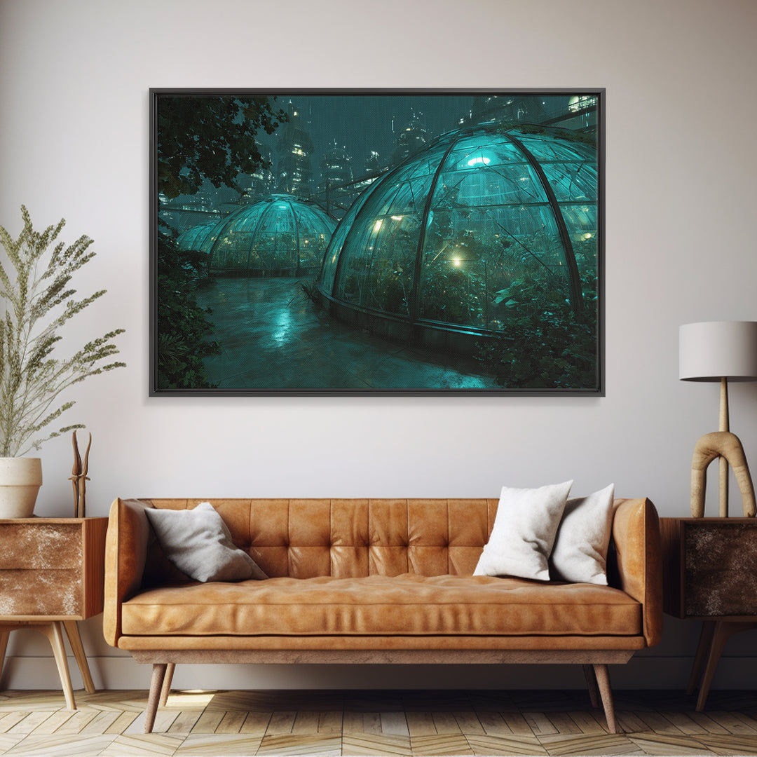 Futuristic Botanical Greenhouse Framed Canvas Print, Futuristic Art, Neutral Decor, Living Room Decor, Fine Art, Future, FUT-3x2-70