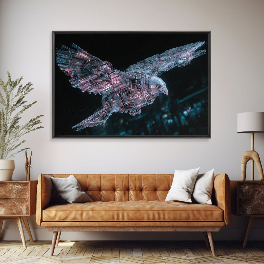 Futurist Bird Made of Panels and Light Framed Canvas Print, Futuristic Art, Modern Decor, Living Room Decor, Oil Painting, FUT-3x2-74