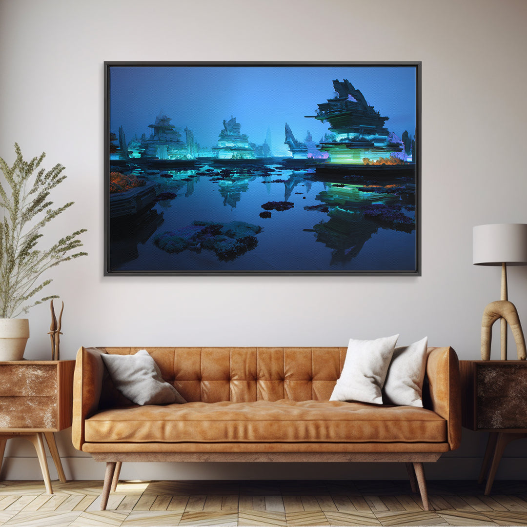 Bioluminescent Garden in a Future Habitat Framed Canvas Print, Futuristic Art, Minimalist Decor, Living Room Decor, Future, FUT-3x2-8