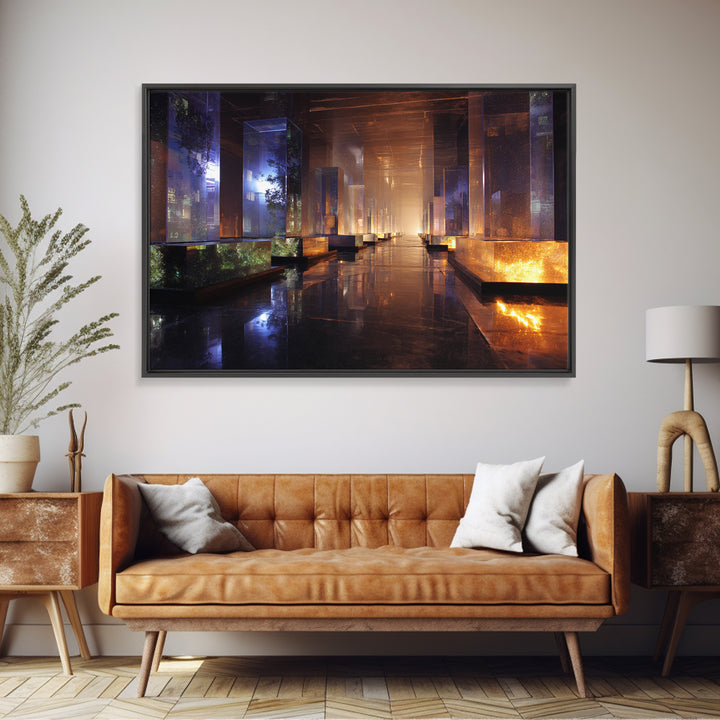 Bioluminescent Garden in a Future Habitat Framed Canvas Print, Futuristic Art, Cyberpunk Decor, Living Room Decor, Future, FUT-3x2-80