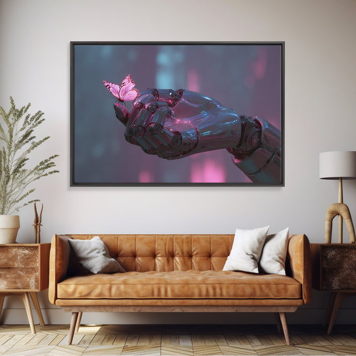 Robotic Hand Holding a Delicate Butterfly Canvas Print, Futuristic Art, Digital Poster, Living Room Decor, Fine Art, Future, FUT-3x2-84