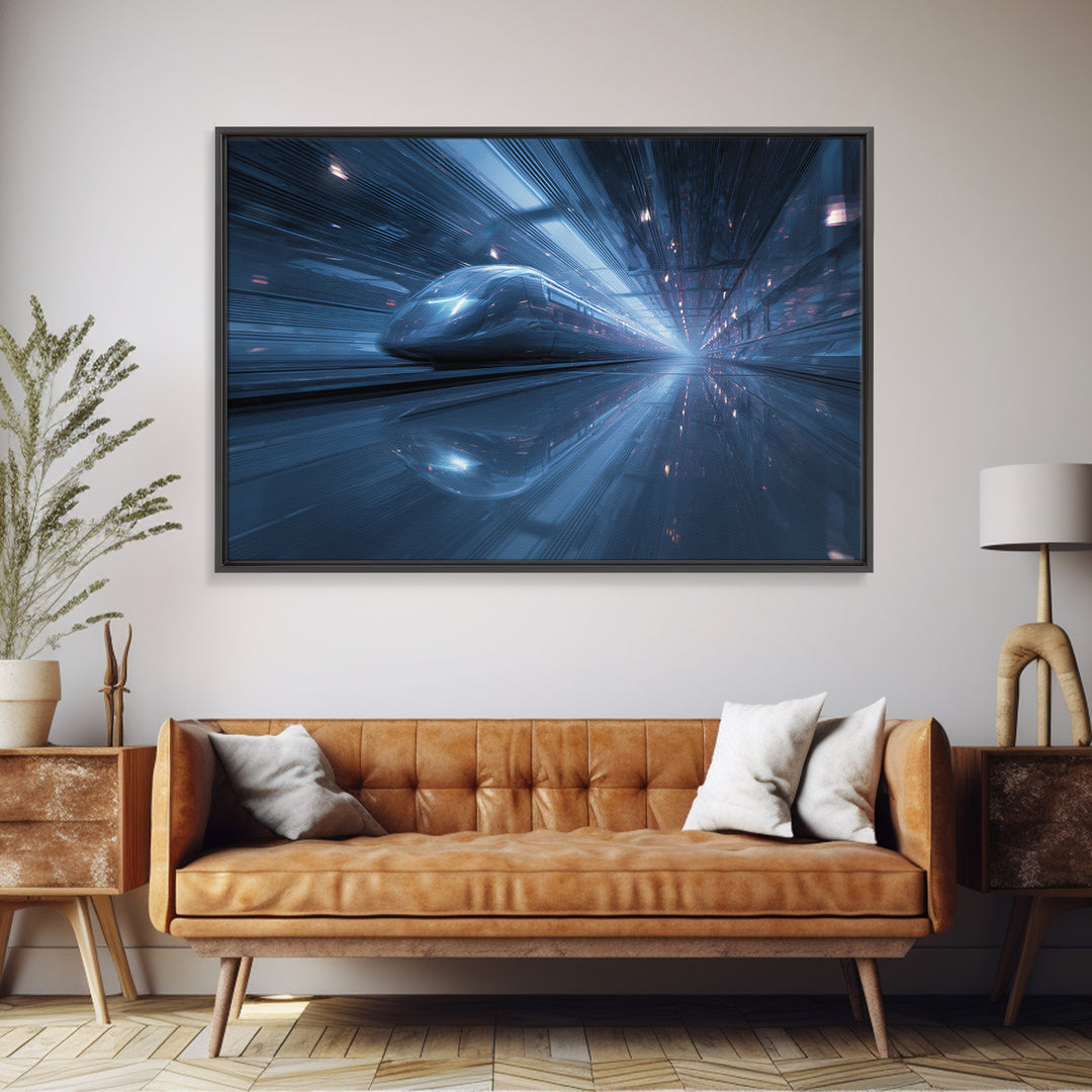 Transparent Train Speeding Through Light Tunnels Canvas Print, Futuristic Art, Victorian Decor, Living Room Decor, Future, FUT-3x2-87