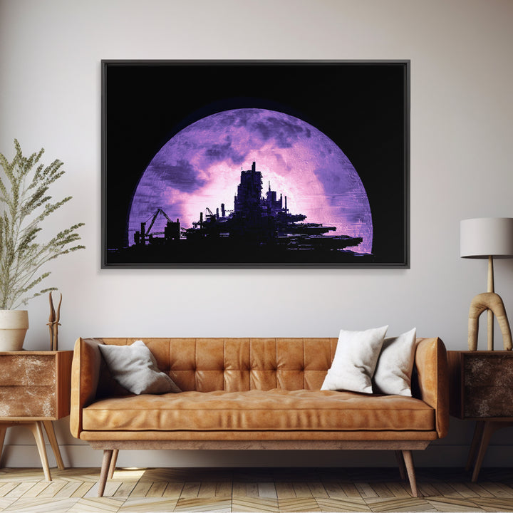 Moon Colony Silhouette Framed Canvas Print, Futuristic Art, Digital Print, Living Room Decor, Watercolor Art, Future, FUT-3x2-97