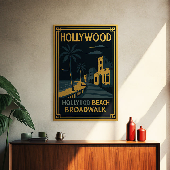 Hollywood Florida Travel Poster, Canvas Print, Gold Art Deco Wall Art, Hollywood City Art, Retro Travel Print, Travel Print, Wall Art