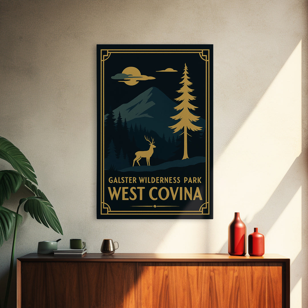 West Covina California Travel Poster, Canvas Print, Gold Art Deco Wall Art, West Covina Poster Print, Vintage City Art, Mid Century Wall Art