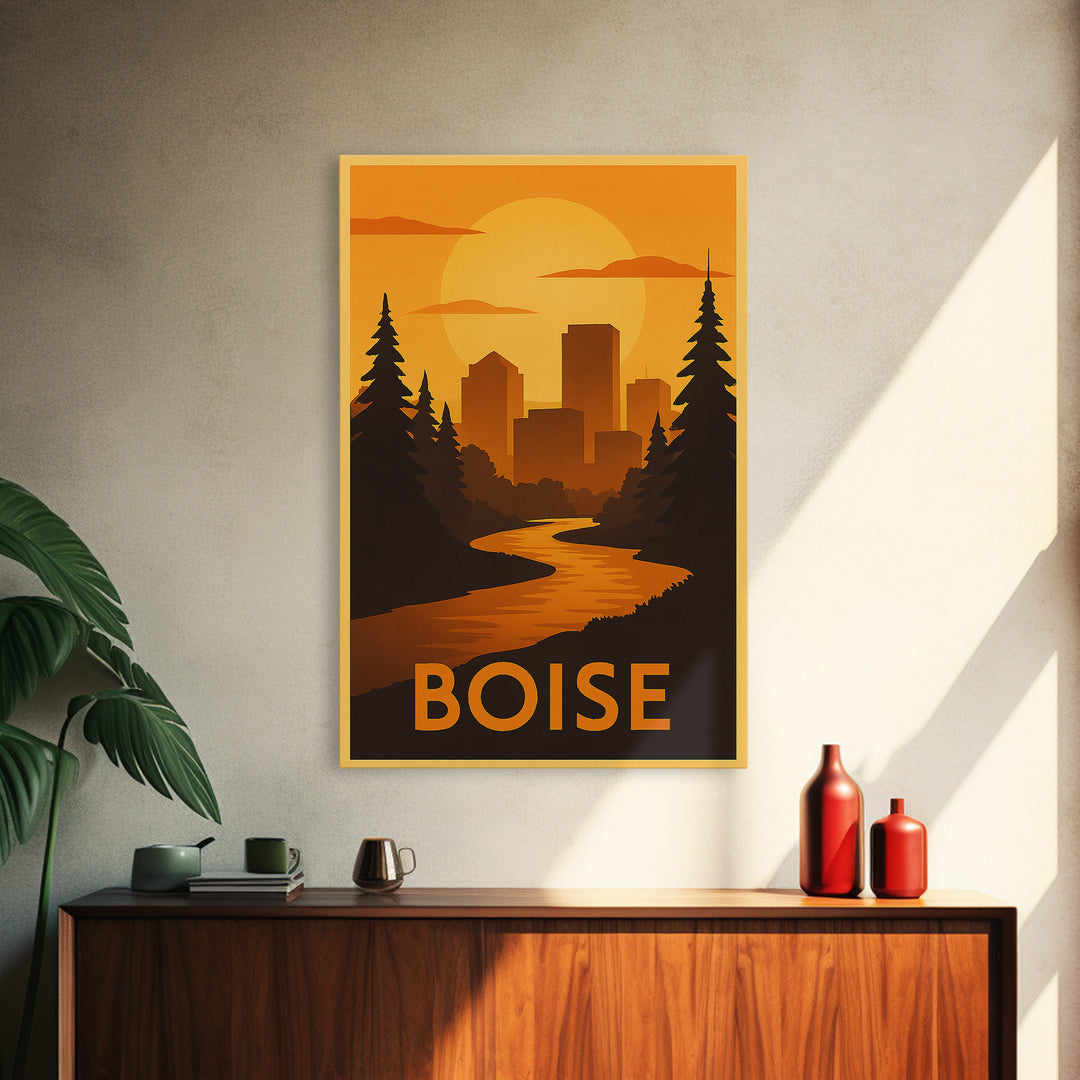 Boise Travel Poster, Canvas Print, Gold Art Deco Poster Art, Boise Wall Art, City Illustration, City Art Print, Gift For Travelers