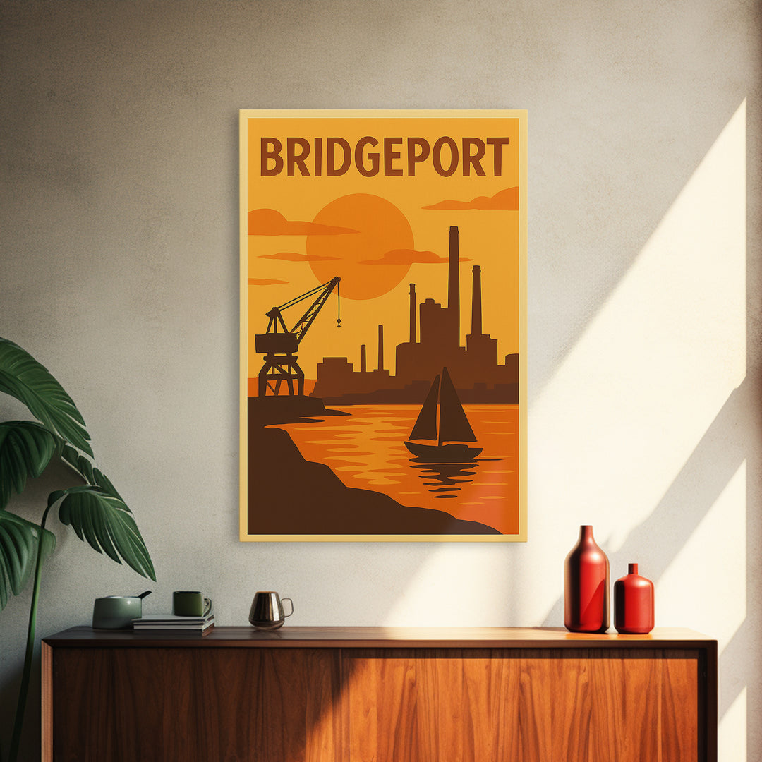 Bridgeport Connecticut Travel Poster, Canvas Print, Warm Sunset Silhouette Art, Bridgeport City Art, Travel Print, Watercolor Skyline Art