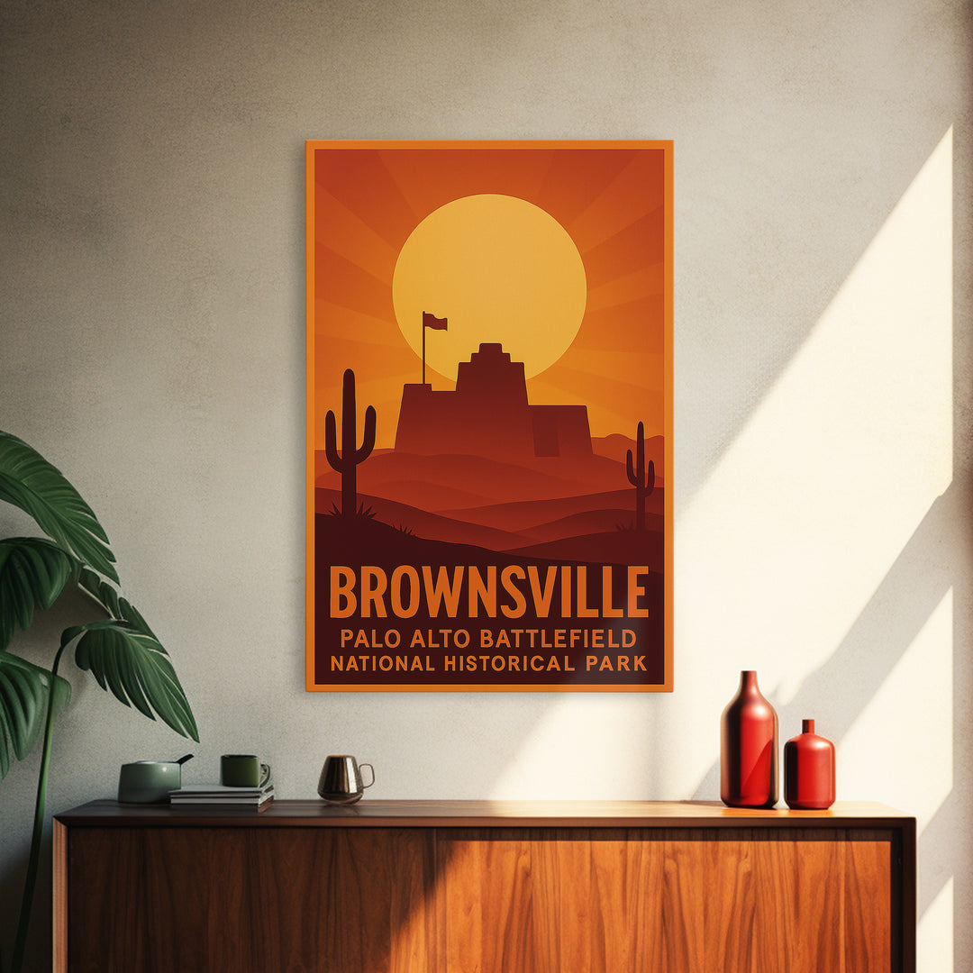 Brownsville Travel Poster, Framed Canvas Print, Golden Travel Poster Art, Brownsville City Art, Travel Poster Art, Mid Century Wall Art