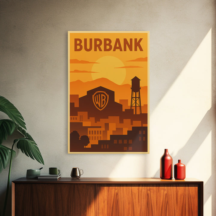 Burbank California Travel Poster, Canvas Print, Gold Art Deco Poster Art, Burbank Wall Art, Skyline Art, Poster Art, Gift For Travelers