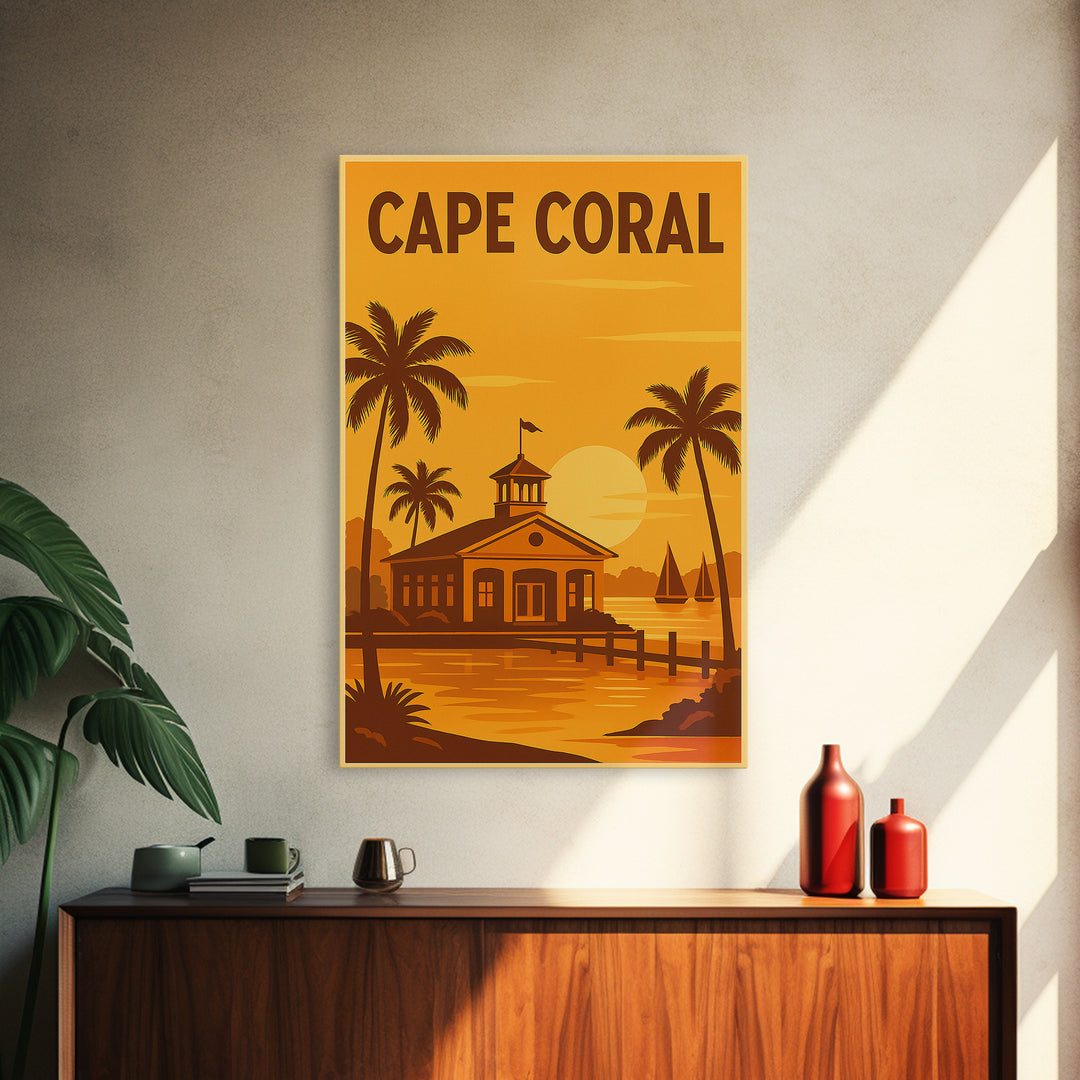 Cape Coral Florida Travel Poster, Framed Canvas Print, Golden Travel Poster Art, Cape Coral City Art, Wanderlust Decor, Eclectic Wall Decor