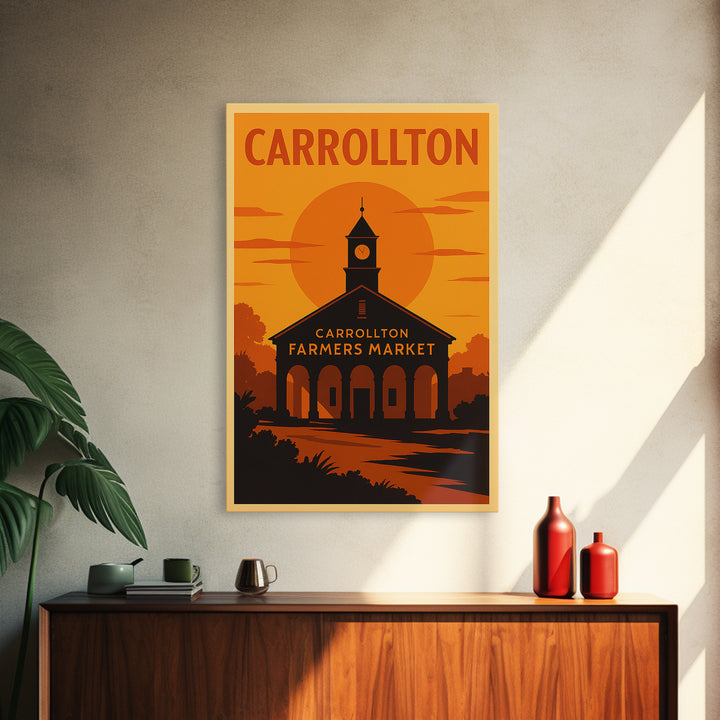 Carrollton Texas Travel Poster, Framed Canvas Print, Golden Travel Poster Art, Carrollton City Art, Home Office Decor, Retro Travel Print