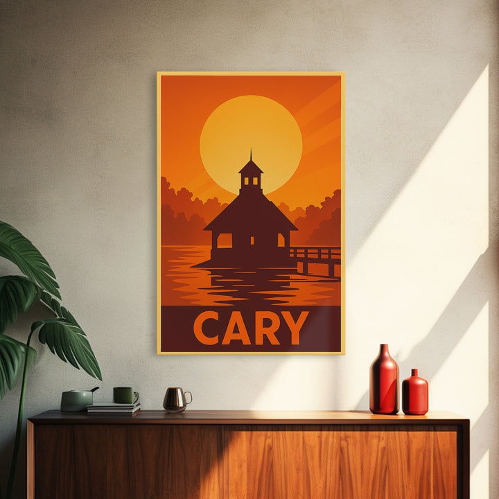 Cary Travel Poster, Framed Canvas Print, Golden Travel Poster Art, Cary City Art, City Travel Prints, Retro Travel Print, City Art Print
