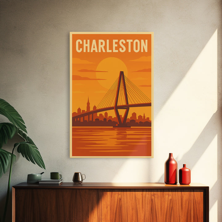 Charleston South Carolina Travel Poster, Canvas Print, Warm Sunset Silhouette Art, Charleston City Art, Fine Art Print, Travel Poster Art