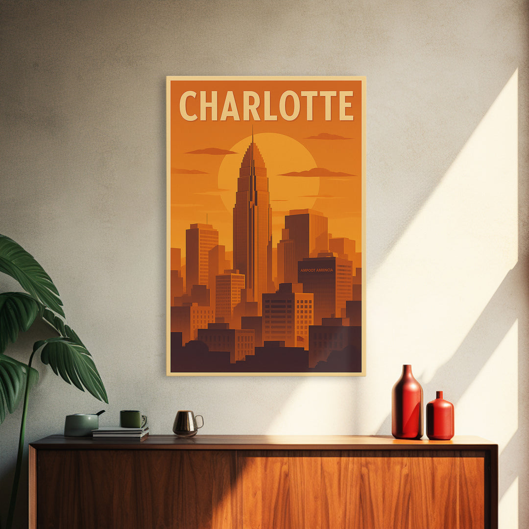 Charlotte North Carolina Travel Poster, Canvas Print, Gold Art Deco Poster Art, Charlotte Travel Art, Eclectic Wall Decor, Travel Wall Art
