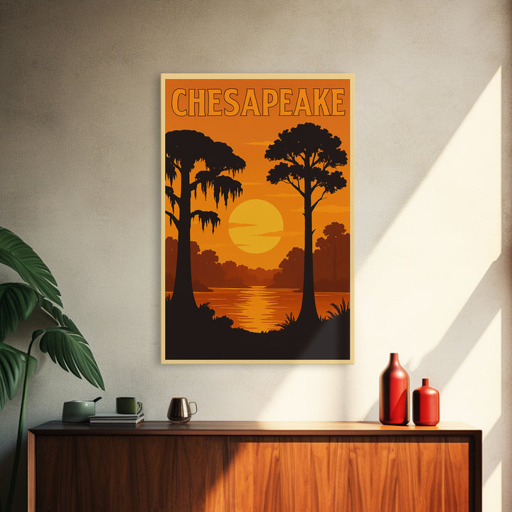 Chesapeake Virginia Travel Poster, Canvas Print, Warm Sunset Silhouette Art, Chesapeake Wall Art, City Travel Prints, Vintage City Poster