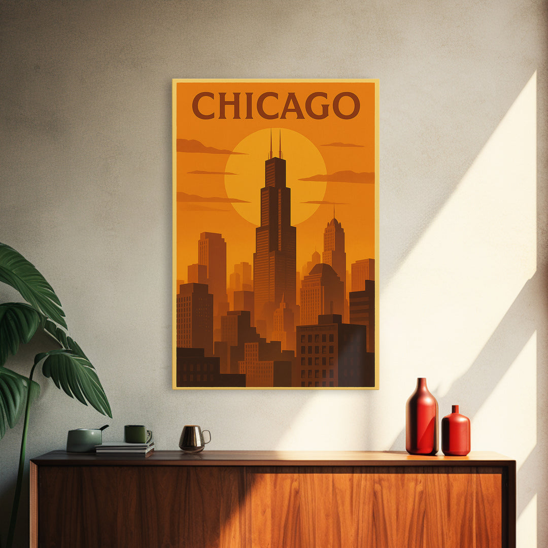 Chicago Illinois Travel Poster, Canvas Print, Warm Sunset Silhouette Art, Chicago Poster Print, Travel Print, Travel Wall Art, Home Decor