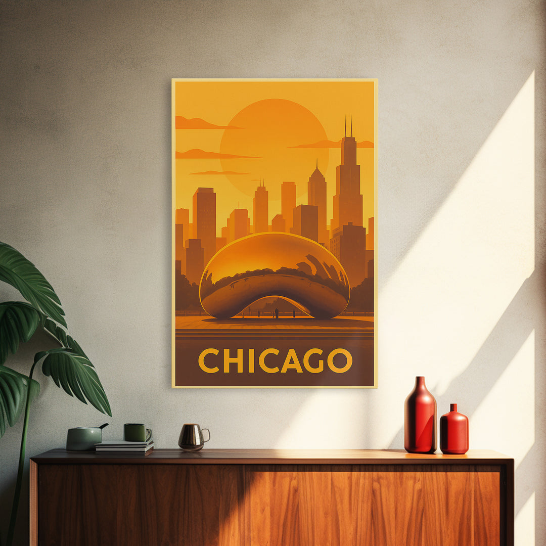 Chicago Travel Poster, Framed Canvas Print, Warm Sunset Silhouette Art, Chicago Poster Print, Modern Wall Decor, Travel Wall Decor