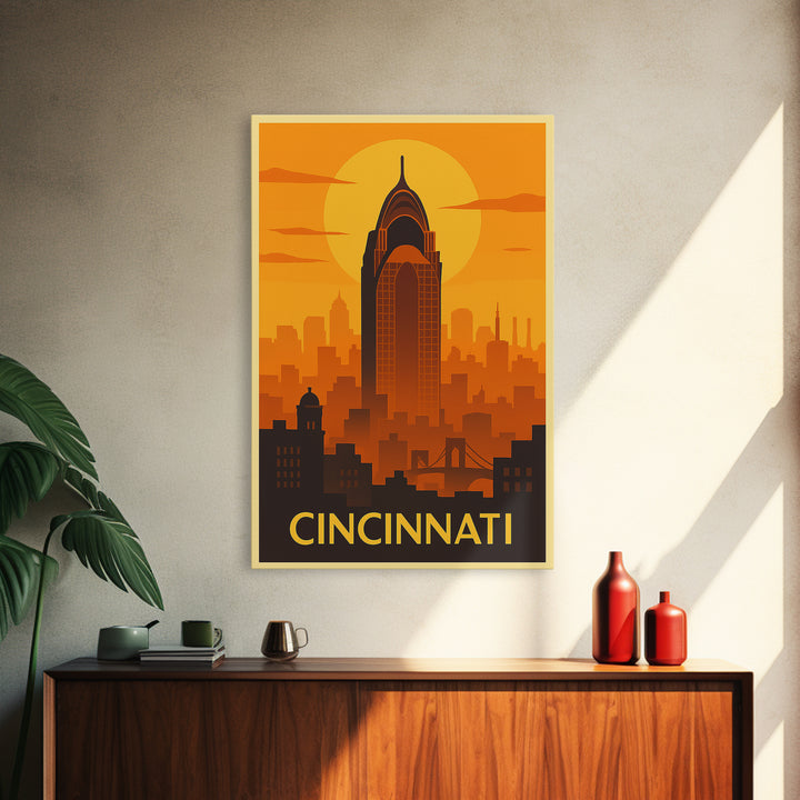 Cincinnati Travel Poster, Framed Canvas Print, Warm Sunset Silhouette Art, Cincinnati Art Print, Retro Travel Print, Gift For Travelers