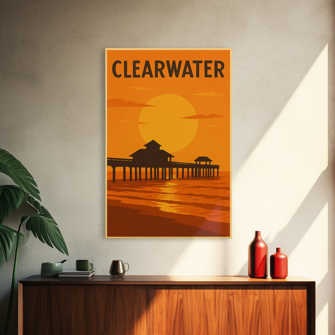 Clearwater Florida Travel Poster, Canvas Print, Warm Sunset Silhouette Art, Clearwater Poster Print, Wall Art, Gift For Travelers