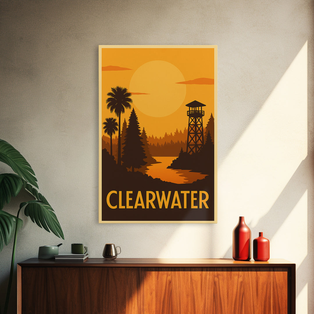 Clearwater Travel Poster, Framed Canvas Print, Golden Travel Poster Art, Clearwater City Art, City Travel Prints, Travel Poster Art