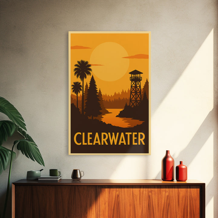 Clearwater Travel Poster, Framed Canvas Print, Golden Travel Poster Art, Clearwater City Art, City Travel Prints, Travel Poster Art