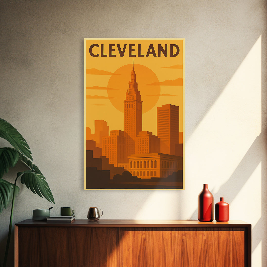 Cleveland Ohio Travel Poster, Framed Canvas Print, Golden Travel Poster Art, Cleveland Travel Art, Modern Wall Decor, Travel Poster Art