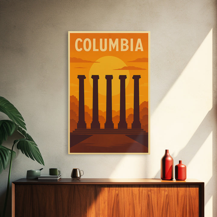 Columbia Travel Poster, Framed Canvas Print, Gold Art Deco Poster Art, Columbia Travel Art, Vintage Travel Art, Travel Art Print