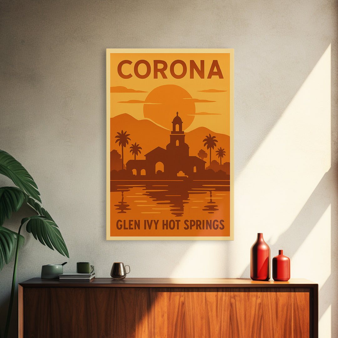 Corona California Travel Poster, Canvas Print, Gold Art Deco Poster Art, Corona City Art, Travel Art Print, Retro Travel Print, Wall Decor