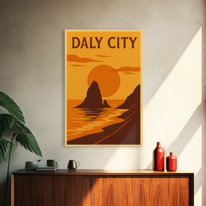 Daly City California Travel Poster, Canvas Print, Warm Sunset Silhouette Art, Daly Art Print, Wanderlust Decor, Gift For Travelers