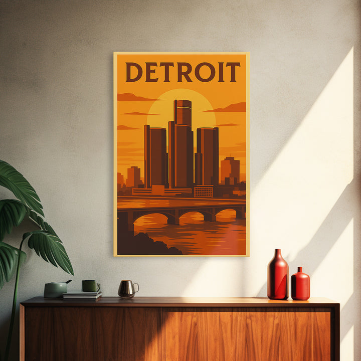 Detroit Michigan Travel Poster, Canvas Print, Warm Sunset Silhouette Art, Detroit Wall Art, City Illustration, Wanderlust Decor, Wall Art
