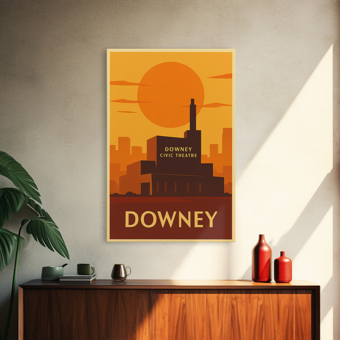 Downey Travel Poster, Framed Canvas Print, Vintage Deco Wall Art, Downey City Art, Travel Poster Art, Retro Travel Print, Travel Posters