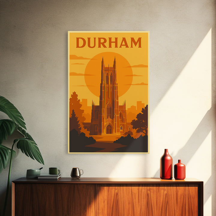 Durham North Carolina Travel Poster, Canvas Print, Warm Sunset Silhouette Art, Durham Wall Art, Vintage City Art, Travel Wall Art