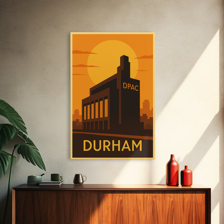 Durham Travel Poster, Framed Canvas Print, Warm Sunset Silhouette Art, Durham Art Print, Retro Travel Print, Vintage Travel Print