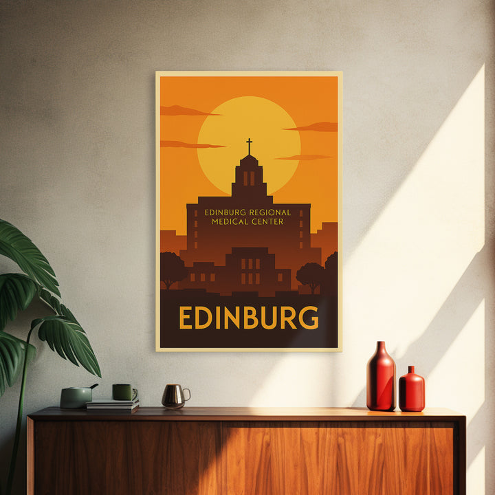 Edinburg Travel Poster, Framed Canvas Print, Golden Travel Poster Art, Edinburg Travel Art, Vintage City Art, City Illustration