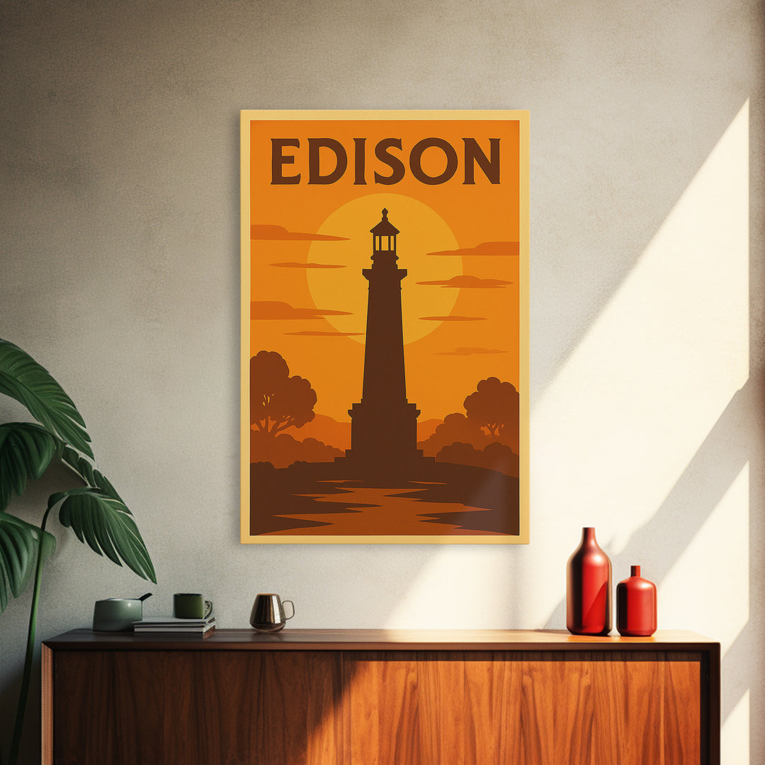 Edison New Jersey Travel Poster, Framed Canvas Print, Warm Sunset Silhouette Art, Edison Art Print, Home Office Decor, Modern Wall Decor