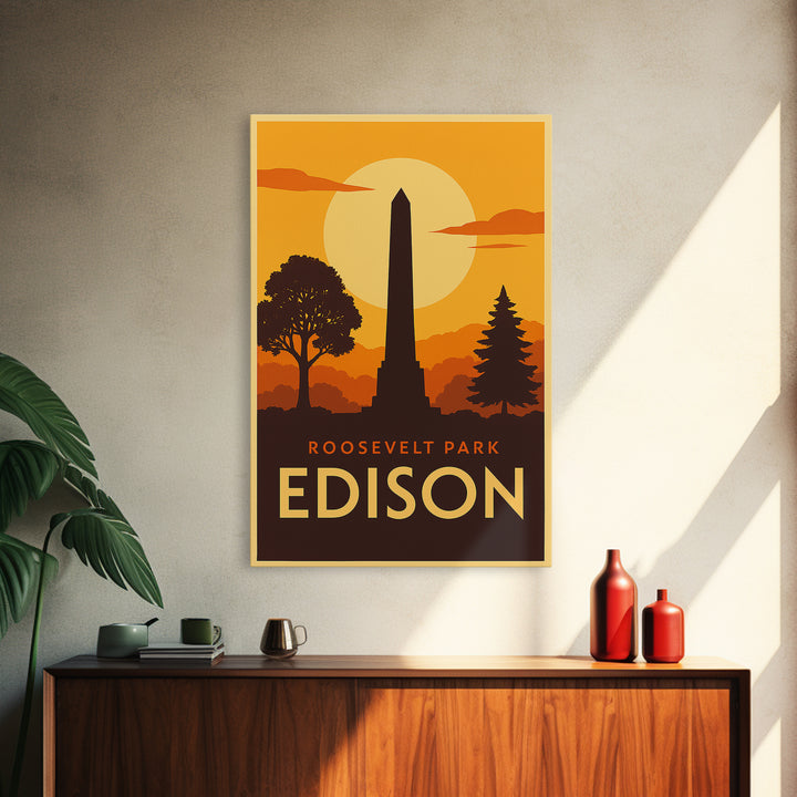 Edison Travel Poster, Canvas Print, Warm Sunset Silhouette Art, Edison Travel Art, Vintage City Poster, Mid Century Wall Art, Art Print