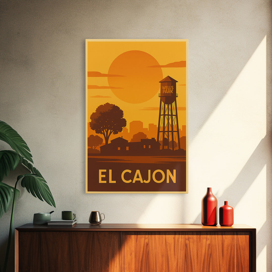 El Cajon Travel Poster, Framed Canvas Print, Golden Travel Poster Art, El Cajon Art Print, Travel Wall Art, City Illustration, Wall Art
