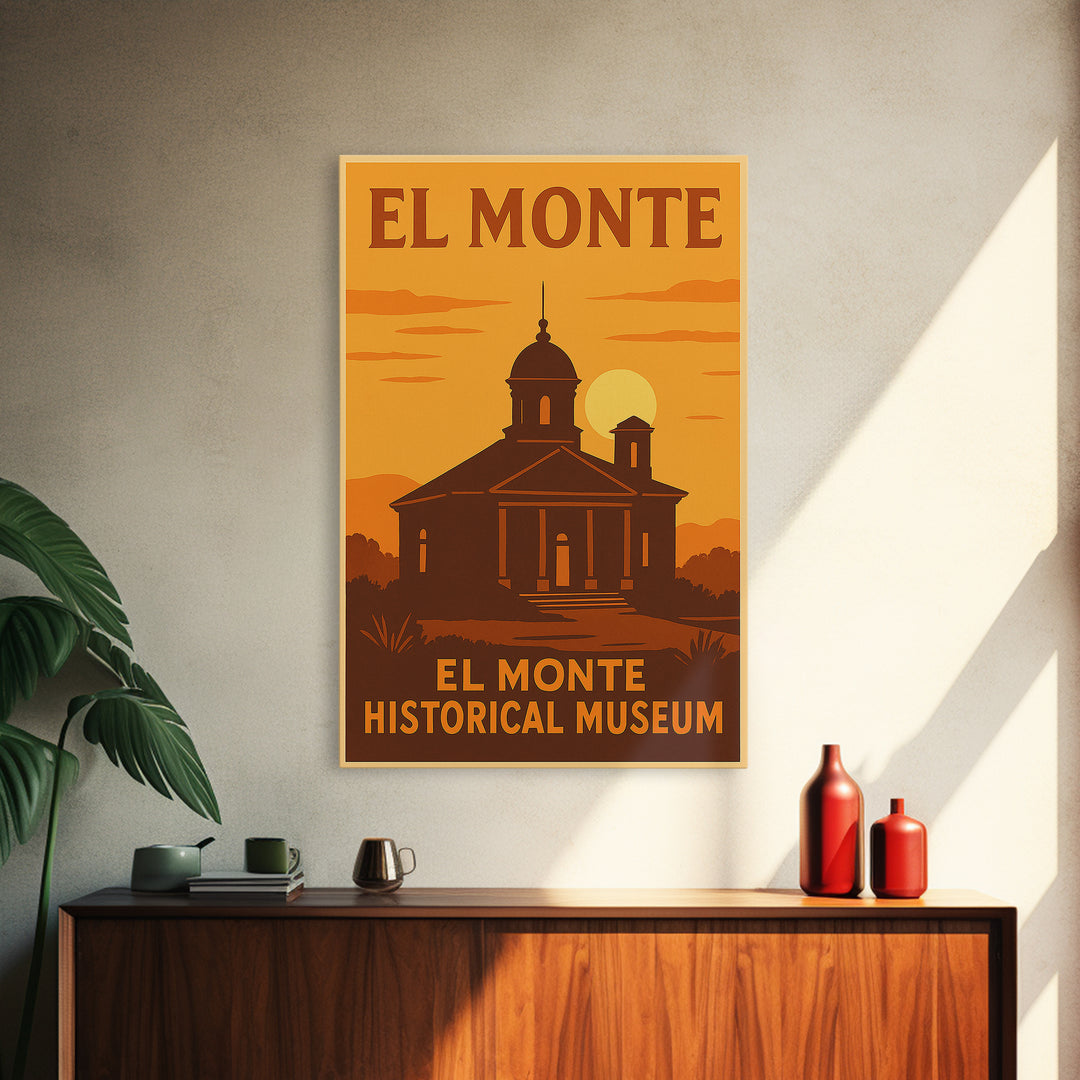 El Monte California Travel Poster, Framed Canvas Print, Warm Sunset Silhouette Art, El Monte Wall Art, Travel Wall Art, Travel Poster Set
