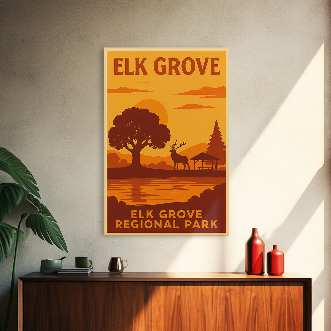 Elk Grove California Travel Poster, Framed Canvas Print, Warm Sunset Silhouette Art, Elk Grove Art Print, City Art Print, City Illustration