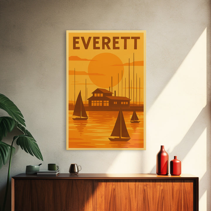 Everett Washington Travel Poster, Canvas Print, Warm Sunset Silhouette Art, Everett Poster Print, Travel Art Print, Vintage City Poster