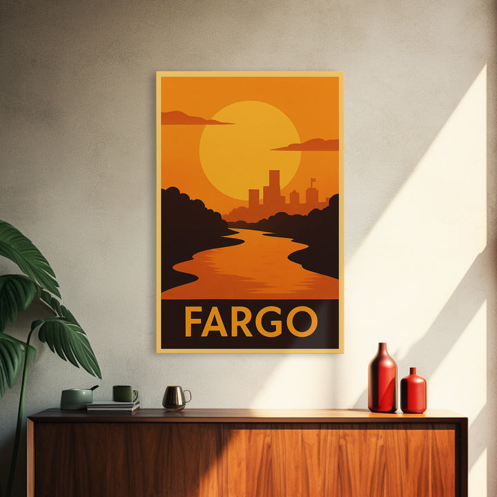 Fargo Travel Poster, Framed Canvas Print, Golden Travel Poster Art, Fargo Travel Art, Mid Century Wall Art, Travel Poster Art, Design 2
