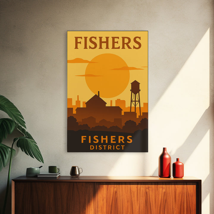 Fishers Indiana Travel Poster, Canvas Print, Gold Art Deco Poster Art, Fishers Wall Art, Travel Poster Set, Watercolor Downtown Skyline
