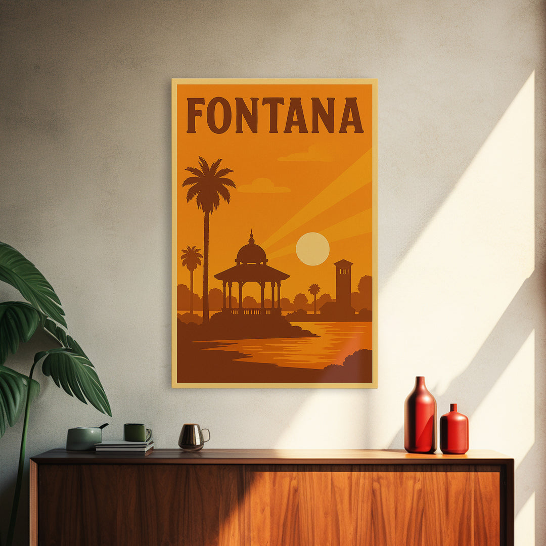 Fontana California Travel Poster, Canvas Print, Warm Sunset Silhouette Art, Fontana Travel Art, City Travel Prints, Travel Art, Home Decor