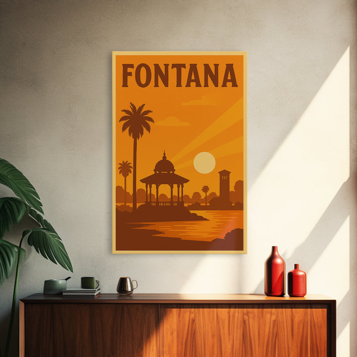 Fontana California Travel Poster, Canvas Print, Warm Sunset Silhouette Art, Fontana Travel Art, City Travel Prints, Travel Art, Home Decor